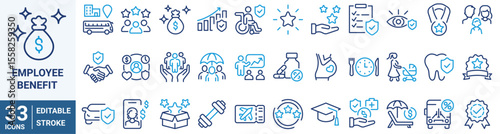 Employee benefit web line icons. Included icons as teamwork, insurance, paid Vacation, pension, social Security. Vector illustration. editable stroke