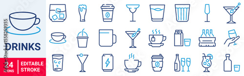 Cold drinks web line icons. Sparkling water, iced coffee. Vector illustration. editable stroke