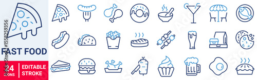 Fast food web icon set in line style. Pizza, chips, burger, french fries, hot dog, collection. Vector illustration.