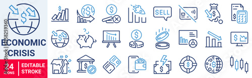Financial Crisis web line icon collection. Economic downturn, stock marker cash, financial meltdown, recession, credit crunch.