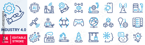 Industry 4.0 web line icons. industrial revolution, smart factory, digital transformation, smart machine, automation and technology.