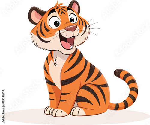 Happy cartoon tiger cub sitting isolated on white background