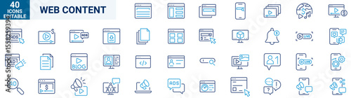 Web Content web icons in line style. Photo, video, media, blogging, collection. Vector illustration.