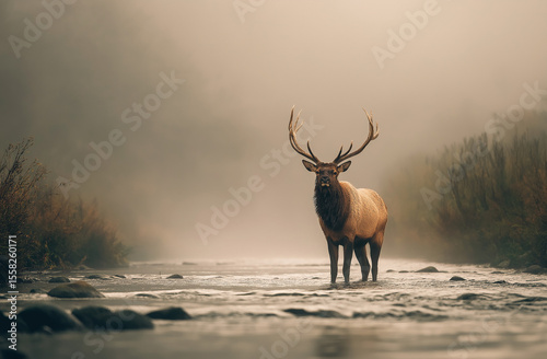 A majestic elk standing in the middle of a misty river