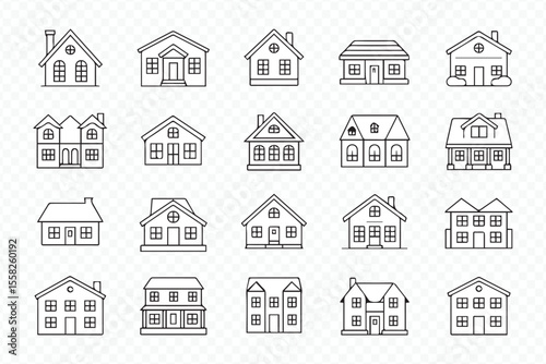 architectural house icons pack featuring cottages, villas, townhouses, and urban residences in vector format