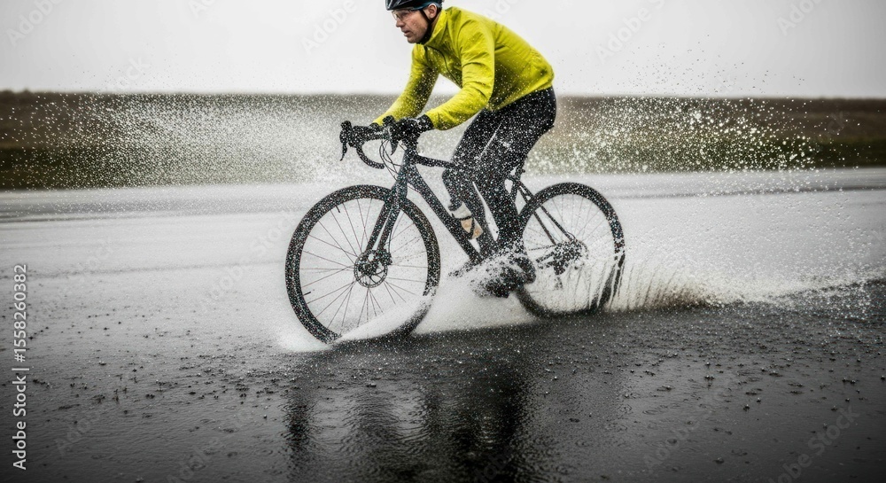 Fototapeta premium Cyclist biking in rain on wet road with splashing water