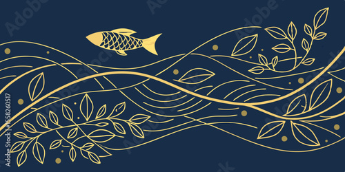 Wavy line design with natural shapes and patterns, like a map. Modern drawing with gold lines on dark navy blue background vector illustration. 