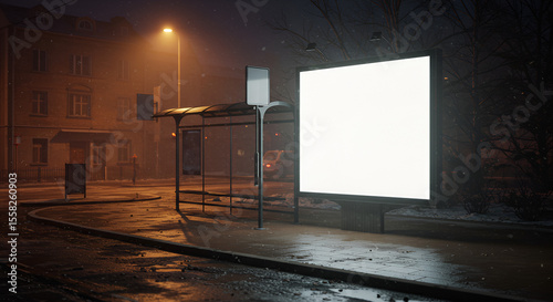 Empty bus stop at night, misty and cold
