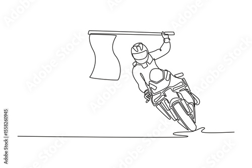 Single one line drawing young biker celebrates with the flag at the victory on moto sports racing. Rider winning grand prix racing on the track. Continuous line draw design graphic vector illustration