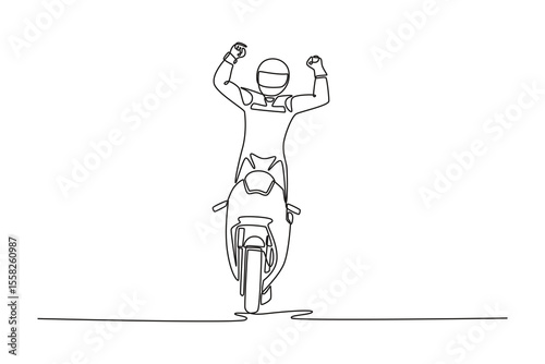 Continuous one line drawing rider standing on his motorcycle celebrating the end of the super bike championship. Happy racer win moto sports racing. Single line draw design vector graphic illustration