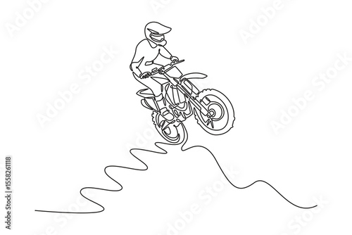 Continuous one line drawing professional motorcyclist makes an extreme jump against the sky. Extreme sports, motorcycle jumping, travel adventure. Single line draw design vector graphic illustration