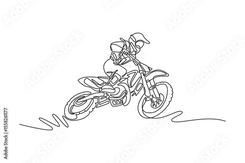 Continuous one line drawing motocross rider in action accelerating the motorbike on the race track. Motor sports, speed, hobby, journey, activity. Single line draw design vector graphic illustration