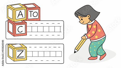 Illustration of a girl with a pencil near blocks with letters and writing practice sheets for learning words