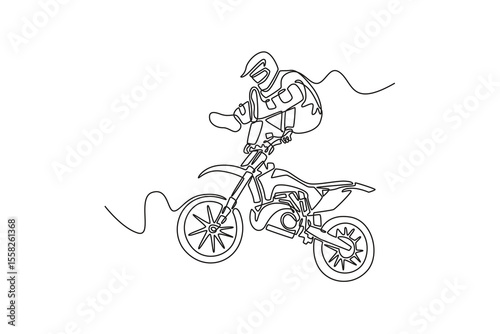 Continuous one line drawing sporty motorcyclist performing tricks at motocross freestyle event. Showcasing remarkable balance and daring expertise. Single line draw design vector graphic illustration
