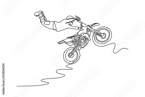 Single continuous line drawing motocross rider jumping, showcasing extreme sports skills, balance and adrenaline action. Extreme sport and freestyle. One line draw graphic design vector illustration
