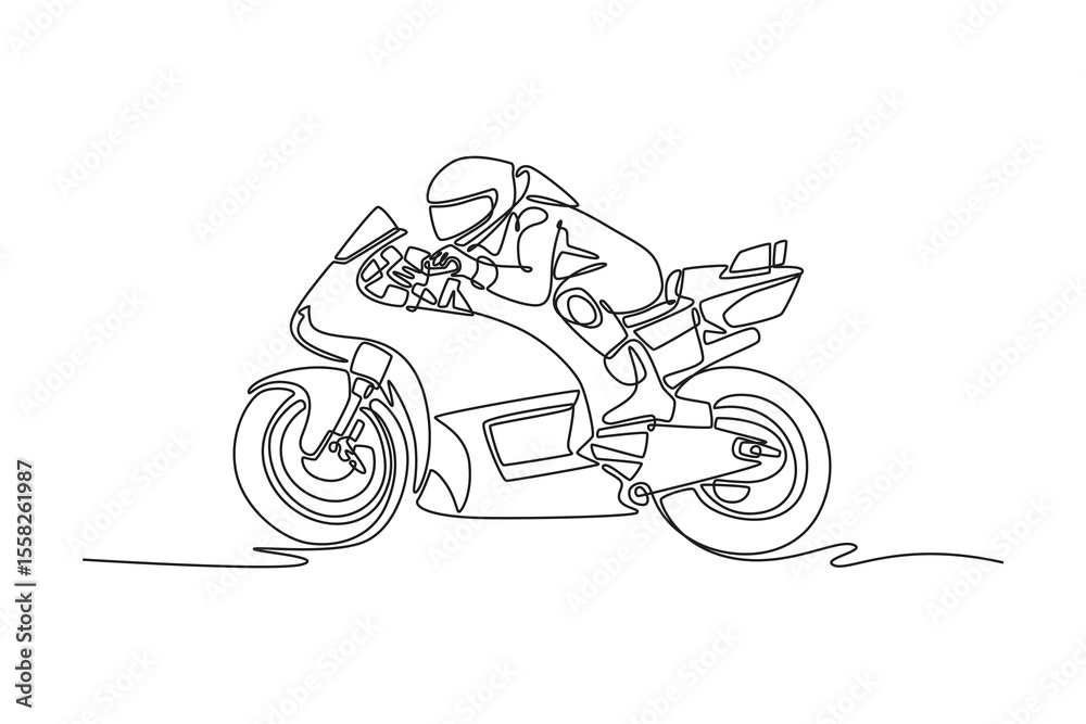 Obraz premium Single one line drawing side view of sporty racer motorcycle on international circuit track. Young rider riding a sport racing motorbike. Modern continuous line draw design graphic vector illustration