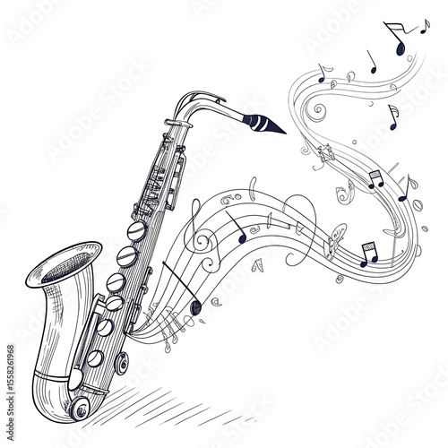 Hand drawn saxophone with musical notes and staff flowing out isolated on white background