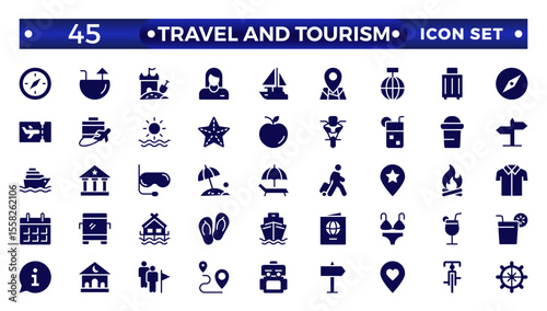 Travel solid  icon set. Summer vacations and holiday symbol vector illustration. Travel and tourism solid  icon set. Airplane, trip, beach, passport, camping, hotel.
