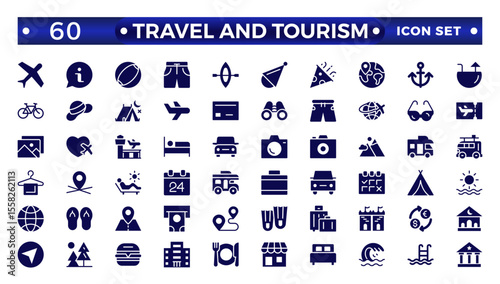 Travel solid  icon set. Summer vacations and holiday symbol vector illustration. Travel and tourism solid  icon set. Airplane, trip, beach, passport, camping, hotel.
