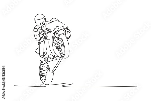 Single one line drawing rider on motorcycle doing wheelie at circuits track. Happy winner racer passing finish line on super bike championship. Continuous line draw design graphic vector illustration