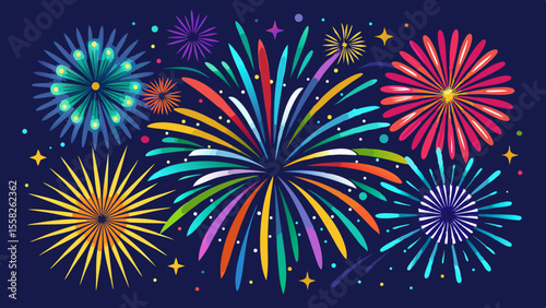 Vibrant colorful fireworks burst against a dark night sky creating a festive celebratory display