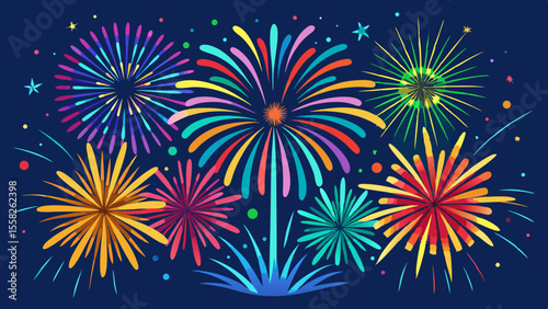 A dazzling array of colorful fireworks illuminates the night sky, creating a vibrant and festive atmosphere