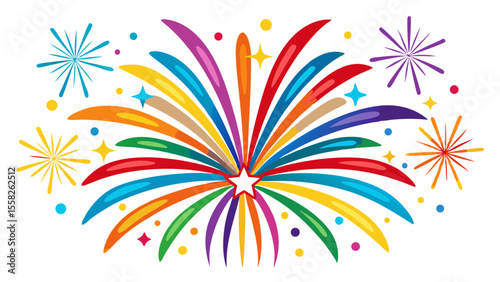 A spectacular display of colorful fireworks bursts outwards from a central star, isolated on white background