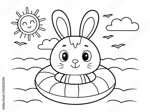 Cartoon bunny on swimming float, coloring page