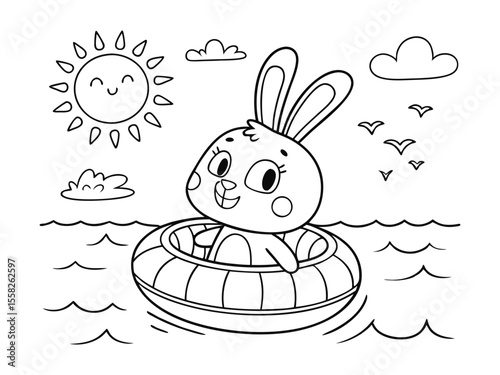 Cartoon bunny on swimming float, coloring page