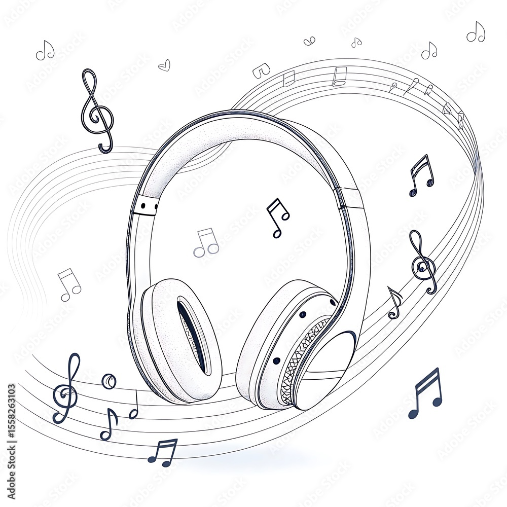 Obraz premium Headphones with musical notes and staff lines flowing around them isolated on white background