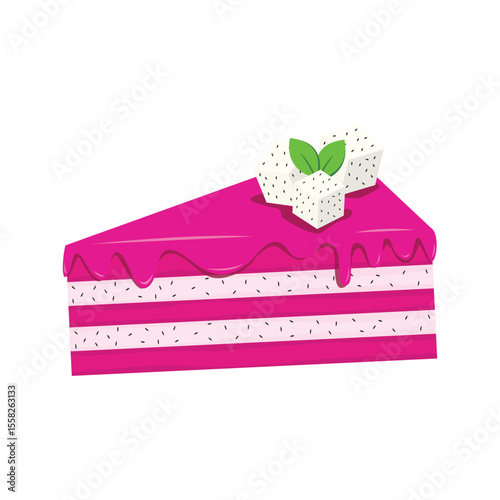 Dragon fruit topped cake slice with two layering of dragon fruit filling - a fruit cake slice