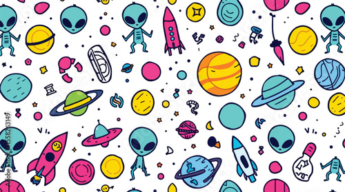 Vector art of a playful pattern of colorful cartoon aliens planets and rockets isolated on white background