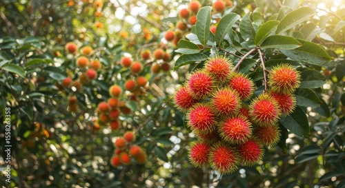 Vibrant Rambutan Fruit on Tree Branch Surrounded by Lush Green Foliage in Tropical Landscape