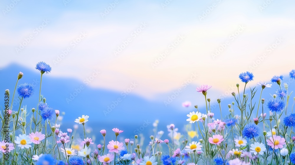 Fototapeta premium Beautiful wild flowers chamomile, purple wild peas, butterfly in morning haze in nature close-up macro. Landscape wide format, copy space, cool blue tones. Delightful pastoral airy artistic image.