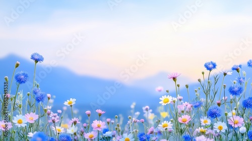 Fototapeta Naklejka Na Ścianę i Meble -  Beautiful wild flowers chamomile, purple wild peas, butterfly in morning haze in nature close-up macro. Landscape wide format, copy space, cool blue tones. Delightful pastoral airy artistic image.