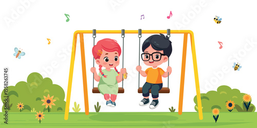 kids swinging in the park cartoon vector illustration