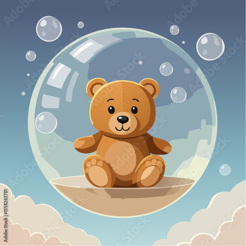 A teddy bear floating in a bubble – softness, safety, and dreams.
