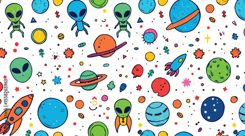 Vector art of a vibrant cartoon pattern featuring colorful aliens planets and rockets isolated on white background