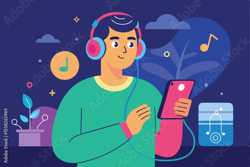 Person enjoying music on smartphone with headphones in a vibrant animated setting filled with musical notes and plants during a leisurely moment at home