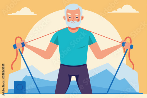 Senior man using resistance bands for fitness during outdoor workout against a scenic mountain backdrop on a sunny day