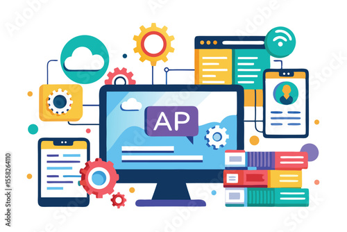 Modern flat illustrations showcasing application programming concepts in a digital environment with various devices and elements