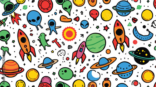 Vector art of a whimsical cartoon pattern of colorful aliens planets and rockets isolated on white background