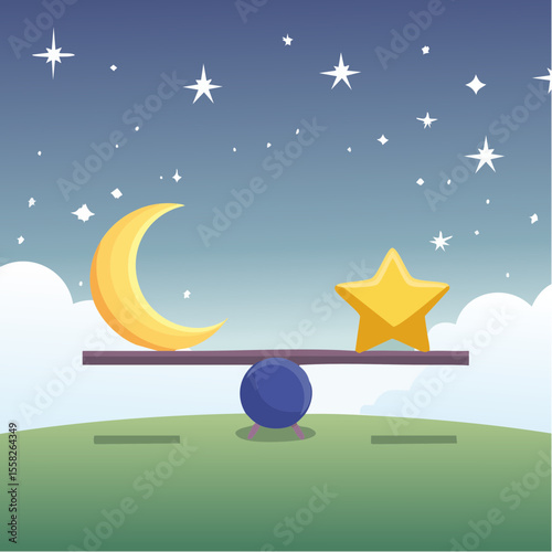 A seesaw balancing a star and a moon – playful balance between fun and rest.
