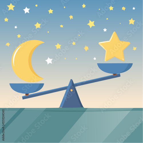 A seesaw balancing a star and a moon – playful balance between fun and rest.
