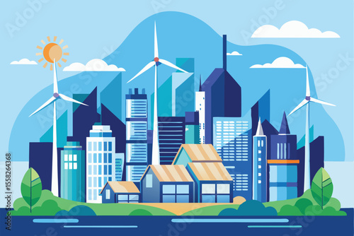 Skyline of a modern city featuring towering buildings and renewable energy wind turbines among green spaces in a sustainable urban setting