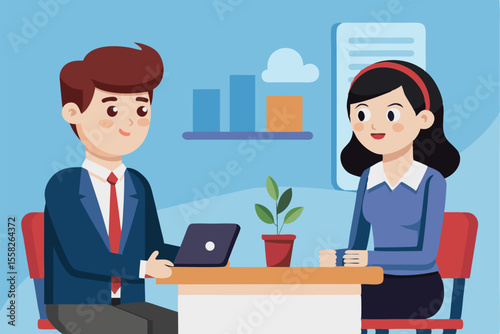 Business job interview concept featuring two professionals in a modern setting discussing career opportunities and aspirations while seated at a table