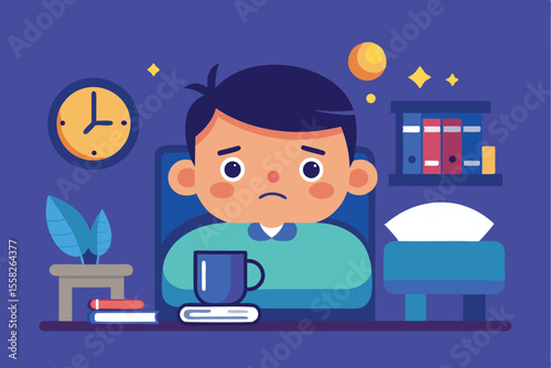 Feeling the effects of lack of sleep in a cozy room at night, a cartoon character appears weary while seated at a desk surrounded by books, a teacup, and a clock