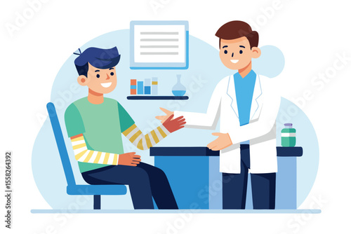 Patient with arm injury being assessed in doctor's office at hospital with medical staff present and clinical supplies visible in the background