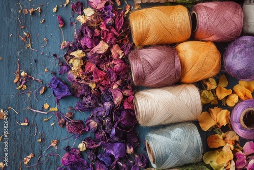 colorful dried herbs and organic cotton thread flatlay.