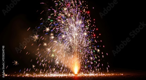 Colorful fountain firework sparkles on dark background, celebration